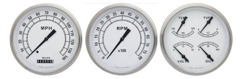 Classic Instruments White Series Gauge Sets CW53SLC Gauges, White, Speedometer, Tach, Water Temperature, Fuel Level, 5 in., Face, Analog, Set of 3