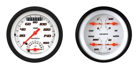 Classic Instruments Velocity Series Gauge Sets VS32WBLF Gauges, Series, Speedometer, Tach, Water Temperature, Fuel Level, 5 in., White Face, Analog, Set