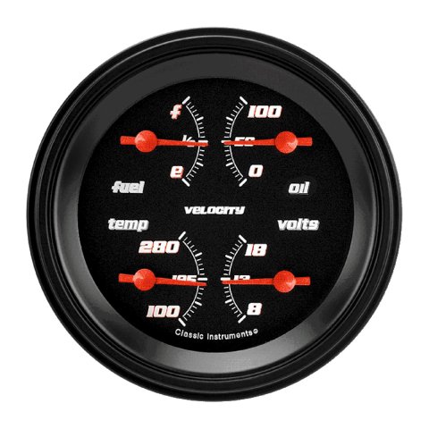 Classic Instruments Velocity Series Gauge Sets VS73BBLF Gauge, Velocity, Analog, Electrical, Fuel, Oil, Volt, Water, 3 3/8 in. Diameter, Black Face, Each