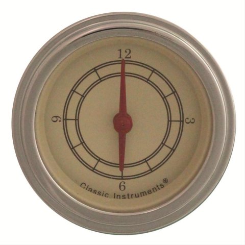 Classic Instruments Vintage Series Gauges VT90SLF Gauge, Series, Clock, 12 hours, 2 1/8 in., Tan Face, Analog, Electronic, Red Pointer, Stainless Steel Bezel, Each