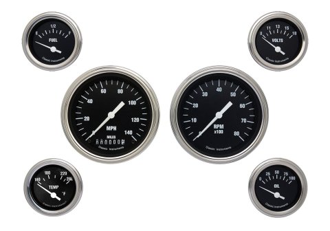 Classic Instruments Hot Rod Series Gauge Sets HR01SLC Gauges, Series, Speedometer, Tach, Water Temperature, Voltmeter, Fuel Level, Black Face, Analog, Set