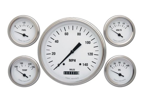 Classic Instruments White Hot Series Gauge Sets WH54SLF Gauges, Hot, Speedometer, Water Temperature, Oil Pressure, Fuel Level, Face, Analog, Set of 5