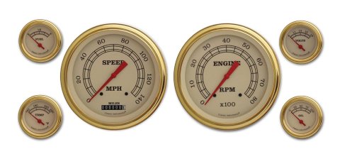Classic Instruments Vintage Series Gauge Sets VT51GLF Gauge, Vintage, Analog, Electronic, Speedo, Tach, Fuel, Oil, Volt, Water, 5/2 1/8 in., Cream Face, Gold Bezel