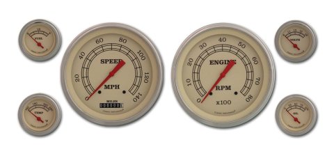 Classic Instruments Vintage Series Gauge Sets VT51SLC Gauge, Vintage, Analog, Electronic, Speedo, Tach, Fuel, Oil, Volt, Water, 5/2 1/8 in., Cream Face/Polished