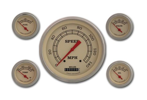 Classic Instruments Vintage Series Gauge Sets VT54SLC Gauge, Vintage, Analog, Electronic, Speedometer, Fuel, Oil, Volt, Water, 5 / 2 1/8 in., Cream Face/Polished