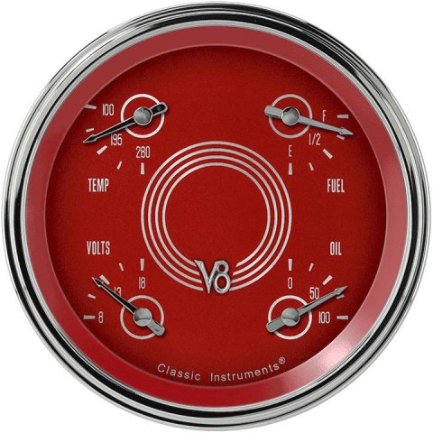 Classic Instruments V8 Red Steelie Series Gauge Sets V8RS31SLC Gauge, Series, Analog, Electrical, Fuel, Oil, Volt, Water, 4 5/8 in. Diameter, Face, Each