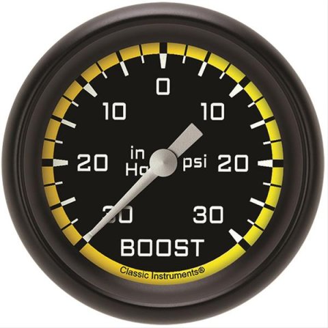 Classic Instruments Auto Cross Yellow Series Gauges AX341YBPF Gauge, Series, Boost/Vacuum, 30 in. Hg/30 psi, 2 5/8 in., Performance Bezel, Analog, Electrical, Each