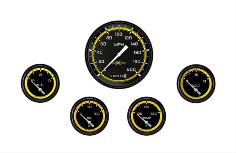 Classic Instruments Auto Cross Yellow Series Gauge Sets AX254YBLF Set, Performance AutoCross, AutoCross Yellow, 6-Gauge Set, 4 5/8 in. Speedo, 2 5/8 in. Secondary Gauges, Black/Yellow Face, Set