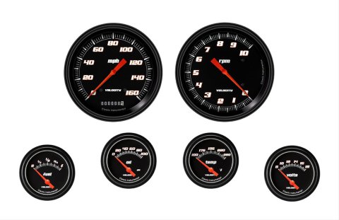 Classic Instruments Velocity Series Gauge Sets VS251BBLF Gauges, Series, Speedometer, Tachometer, Water Temperature, Oil Pressure, Fuel Level, Volt, Black Face, Analog, Set of 6