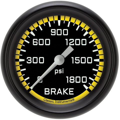 Classic Instruments Auto Cross Yellow Series Gauges AX367YBPF Gauges, Series, Brake Pressure, 0-1,800 psi, Analog, Electrical, 2 5/8 in., Black Face, White Numbers, Black Bezel, Each