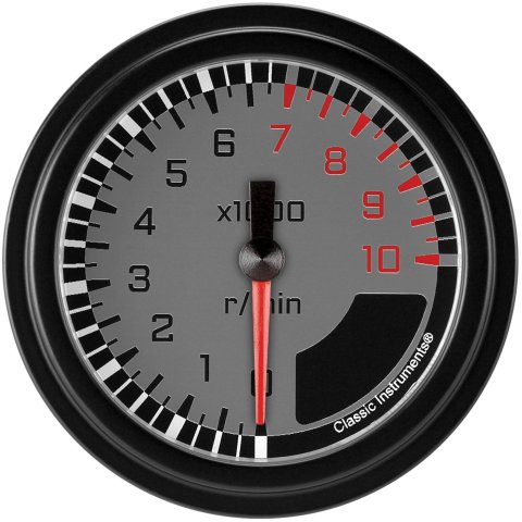 Classic Instruments Auto Cross Gray Series Tachometers AX383GBLF Gauges, Tachometers, 0-10,000 rpm, Analog, Electrical, 2 5/8 in., Black/Gray Face, Black/Red Numbers, Black Bezel, Each