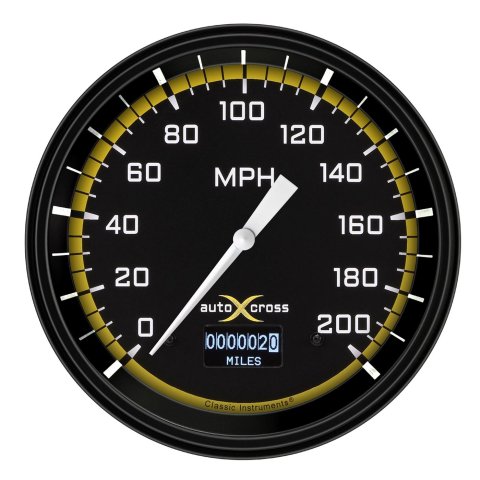 Classic Instruments Auto Cross Yellow Series Speedometers AX56DYBLF Gauges, Speedometers, 0-200 mph, 4 5/8 in. Diameter, Black/Yellow Face, White Numbers, Black Bezel, Tripometer, Each