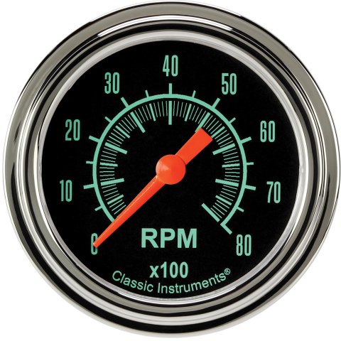 Classic Instruments G-Stock Series Tachometers GS383SLF Gauges, Tachometers, 0-8,000 rpm, Analog, Electrical, 2 5/8 in. Diameter, Black Face, Green Numbers, Polished Bezel, Each