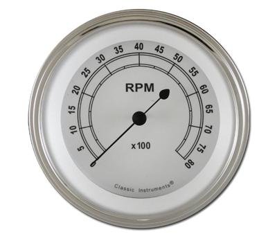 Classic Instruments White Series Tachometers CW80SLF Gauge, Tachometer, Classic, Analog, 0-8,000 rpm, 3 3/8 in., In-dash, Electrical, Silver Face, V8, Each