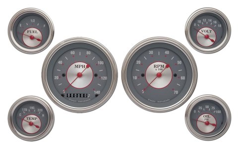 Classic Instruments Silver Series Gauge Sets SS01SLC Set, Series, Analog, Electronic, Gray Face, Red Pointer, Polished Bezel, Curved Lens, Set