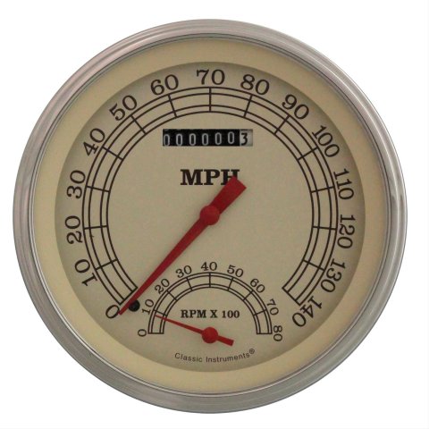 Classic Instruments Vintage Series Gauge Sets VT50SLF Gauge, Vintage, Analog, Electronic, Speedometer, Tachometer, 5 in. Diameter, Cream Face, Polished Bezel, Each
