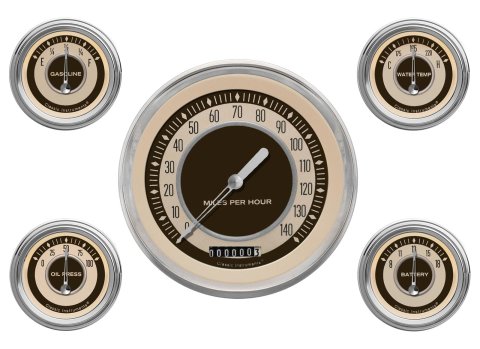 Classic Instruments Nostalgia VT Series Gauge Sets NT54SLC Gauges, VT, Speedometer, Water Temperature, Fuel Level, Voltmeter, Beige Face, Analog, Set of 5