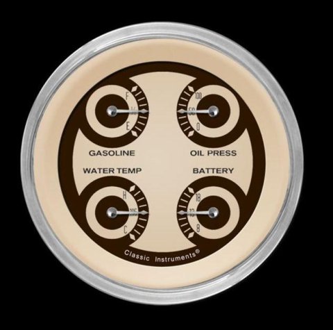 Classic Instruments Nostalgia VT Series Gauge Sets NT73SHC Gauge, VT, Quad, Water Temperature, Oil Pressure, Fuel Level, 3 3/8 in., Beige Face, Analog, Each