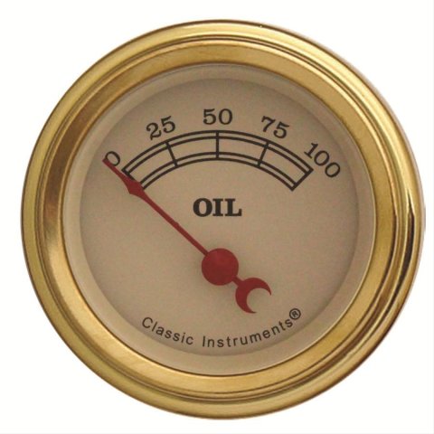 Classic Instruments Vintage Series Gauges VT81GLF Gauge, Series, Oil Pressure, 0-100 psi, 2 1/8 in., Tan Face, Analog, Electrical, Each