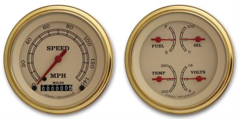 Classic Instruments Vintage Series Gauge Sets VT02GLC Set, Series, Analog, Electronic, Cream Face, Red Pointer, Gold Bezel, Kit