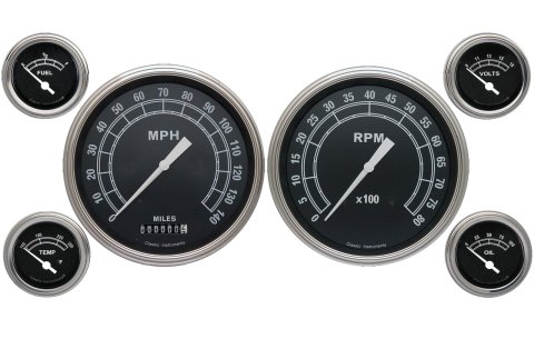 Classic Instruments Traditional Series Gauge Sets TR51SLC Set, Series, Analog, Electronic, White Face, Black Pointer, Polished Bezel, Curved Lens, Kit