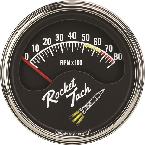 Classic Instruments Rocket Tachometers RT80SLF Gauge, Tachometer, 0-8,000 rpm, 3 3/8 in., Black Face, Analog, Electrical, Each