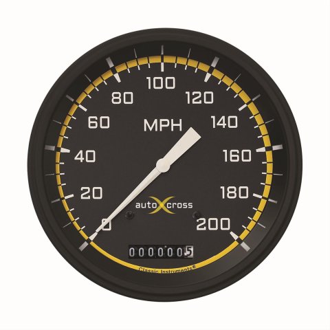 Classic Instruments Auto Cross Yellow Series Speedometers AX56YBLF Speedometer, Cross, 5 in. Diameter, 0-200 mph, Analog, Electrical, Black/Yellow Face, Flat Lens, Each