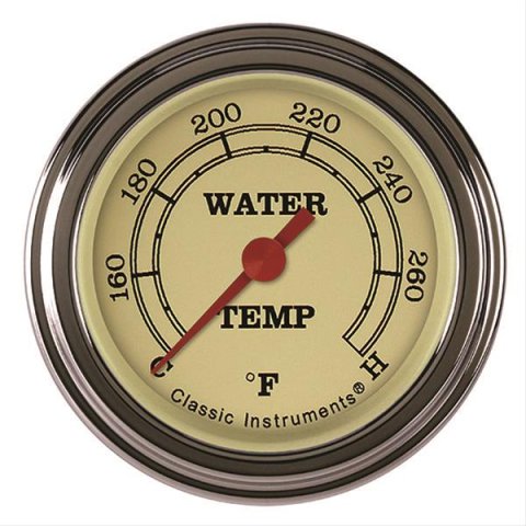 Classic Instruments Vintage Series Gauges VT126SLF-04 Gauge, Analog, Series, Water Temp, 140-280 Degrees F, 2 1/8 in. Diameter, Tan Face, Full Sweep, Each