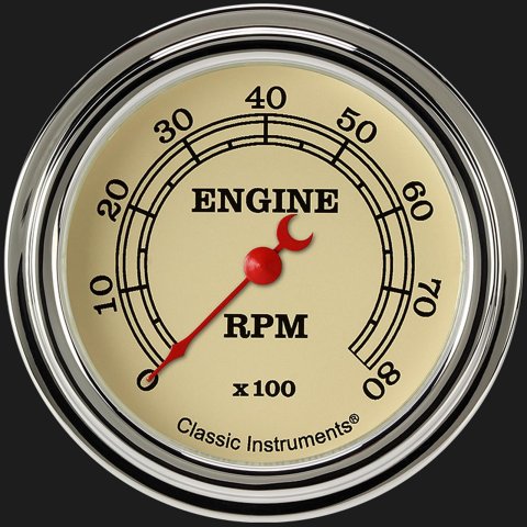 Classic Instruments Vintage Series Tachometers VT383SLF Tachometer, Vintage, Cream Face, Black Numbers, Red Pointer, 0-8,000 rpm, 2 5/8 in., Analog, Electrical, Flat Lens, Each