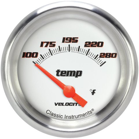 Classic Instruments Velocity Series Gauges VS226WAPF-04 Gauges, Series, Water Temperature, 140-280 degrees F, Analog, Electrical, 2 5/8 in., White Face, Black Numbers, 1/4 in. NPT Thread, Each