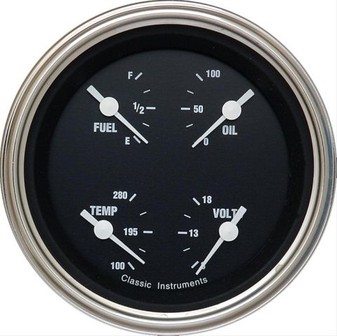 Classic Instruments Hot Rod Series Gauge Sets HR77SLF Gauge, Rod, Quad, Water Temperature, Oil Pressure, Fuel Level, 3 3/8 in., Black Face, Analog, Each