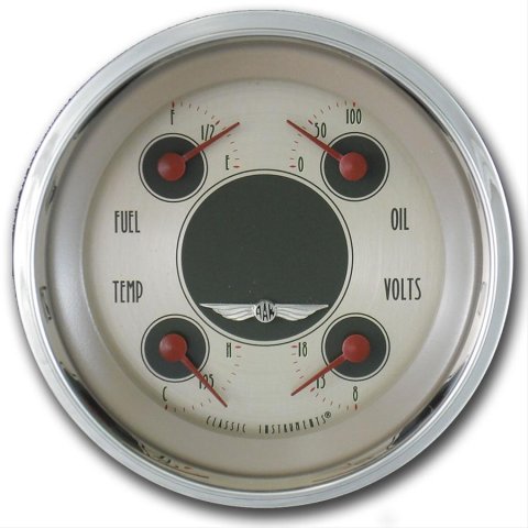 Classic Instruments All-American Nickel Series Gauge Sets AN77SHC Kit, Analog, Face, Polished, 3 3/8 in. Diameter, Quad Gauge, Fuel, Oil, Volt, Water, Cluster, Kit