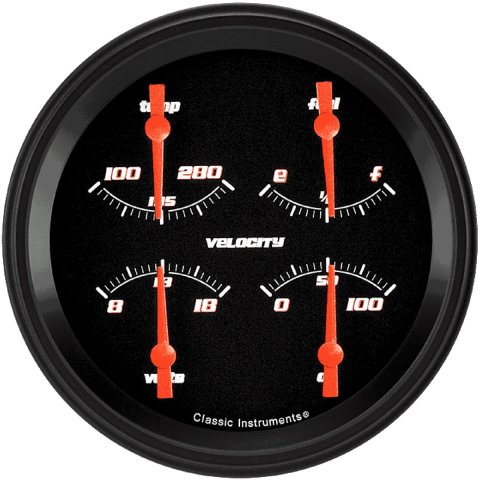 Classic Instruments Velocity Series Gauge Sets VS31BBLF Gauge, Series, Quad, Water Temperature, Fuel Level, Voltmeter, 5 in., Black Face, Analog, Each