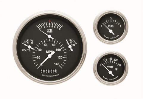 Classic Instruments Tetra Series Gauge Sets TE01BSLF Gauges, Series, Speedometer, Tach, Water Temperature, Fuel Level, Black Face, Analog, Set of 3