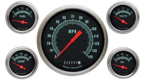 Classic Instruments G-Stock Series Gauge Sets GS54SLF Gauges, G-Stock, Speedometer, Water Temp., Oil Pressure, Fuel Level, Voltmeter, Black Face, Analog, Set of 5