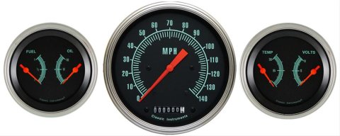 Classic Instruments G-Stock Series Gauge Sets GS64SLF Gauges, G-Stock, Speedometer, Water Temperature, Oil Pressure, Fuel Level, Black Face, Analog, Set of 3