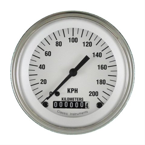 Classic Instruments White Hot Series Speedometers WH59SLF Speedometer, Series, 3 3/8 in. Diameter, 0-200 kph, Analog, Electrical, Flat Face, Each