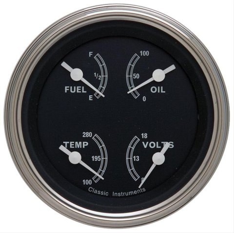 Classic Instruments Traditional Series Gauge Sets TR76SLC Gauge, Series, Quad, Water Temperature, Fuel Level, Voltmeter, 3 3/8 in., Black Face, Analog, Each
