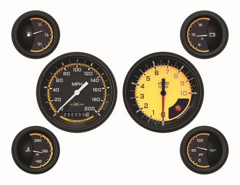 Classic Instruments Auto Cross Yellow Series Gauge Sets AX01YBLF Kit Analog, Black/Yellow Face, 3 3/8 in. Diameter Speedo Tach, 2 1/8 in. Fuel-Oil-Volt-Water, Set of 6