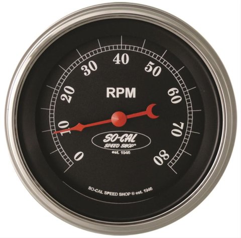 Classic Instruments So-Cal Series Tachometers SC80SLC Gauges, Tachometers, 0-8,000 rpm, Analog, Electrical, 3 3/8 in. Diameter, Black Face, White Numbers, Curved Glass Lens, Each