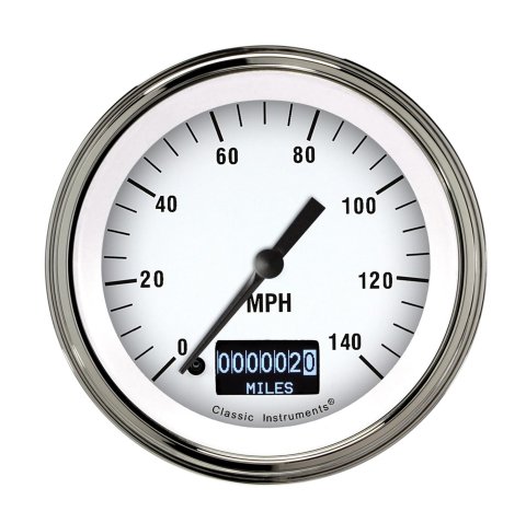 Classic Instruments White Hot Series Speedometers WH55DSLF Gauges, Speedometers, 0-140 mph, Analog, Electrical, 3 3/8 in., Face, Black Numbers, Polished Bezel, Tripometer, Each