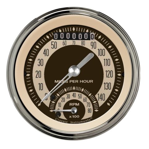 Classic Instruments Nostalgia VT Series Gauge Sets NT20SLC Gauges, Series, 3 3/8 in., Ultimate, Speedometer, Tachometer, Stainless Low-Step Bezel, Curved Lens, Each