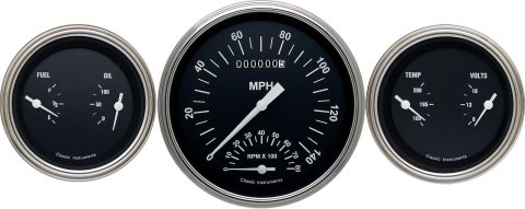 Classic Instruments Hot Rod Series Gauge Sets HR61SLC Gauges, Series, Speedometer, Tach, Water Temperature, Fuel Level, Black Face, Analog, Set of 3