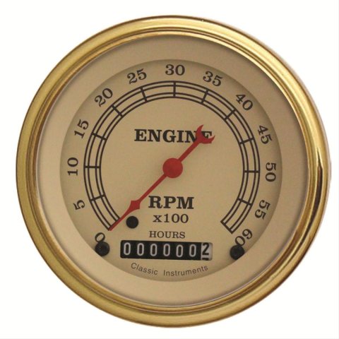 Classic Instruments Vintage Series Tachometers VT60HGLF Gauges, Tachometers, 0-6,000 rpm, Analog, Electronic, 3 3/8 in., Tan Face, Brown Numbers, Gold Bezel, Each