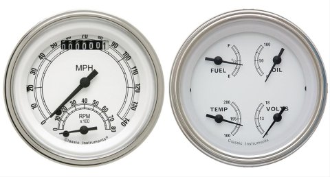 Classic Instruments White Series Gauge Sets CW32SLC Gauges, White, Speedometer, Tach, Water Temperature, Fuel Level, 3 3/8 in., Face, Analog, Set