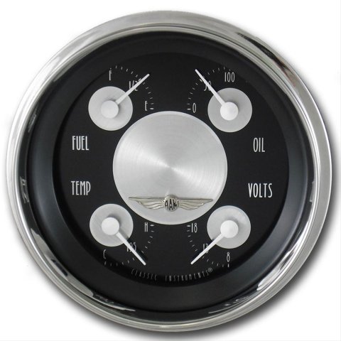 Classic Instruments All-American Tradition Series Gauge Sets AT73SHC Kit, Analog, Black Face, Polished, 3 3/8 in. Diameter, Quad Gauge, Fuel, Oil, Volt, Water, Cluster, Kit