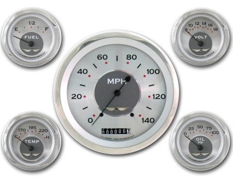 Classic Instruments All-American Series Gauge Sets AW54SRC Gauge, Analog, Silver Face, Polished, 5 in. Diameter Speedometer, 5 Gauges, 2 1/8 in. Fuel-Oil-Volt-Water, Set