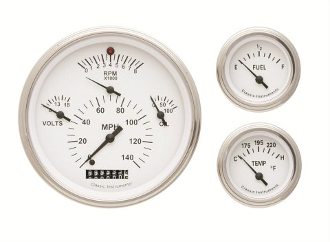 Classic Instruments 1957 Chevy Package Gauge Sets TE01WSLC Kits, Package, Analog, Speedometer, Tach, Fuel Level, Oil Pressure, Volts, Water Temp., White Face, Black Numbers, Set of 3