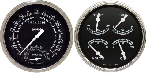 Classic Instruments Traditional Series Gauge Sets TR62SLC Gauges, Traditional, Speedometer, Tach, Water Temperature, Fuel Level, Voltmeter, Black Face, Analog, Set
