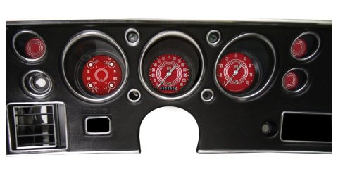Classic Instruments 1970-72 Chevelle Package Gauge Sets CV70V8RS Kits, Chevelle, Analog, Speedometer, Tach, Fuel Level, Oil Pressure, Volts, Water Temp., Clock, Red Face, Silver Numbers, Chevrolet, Kit